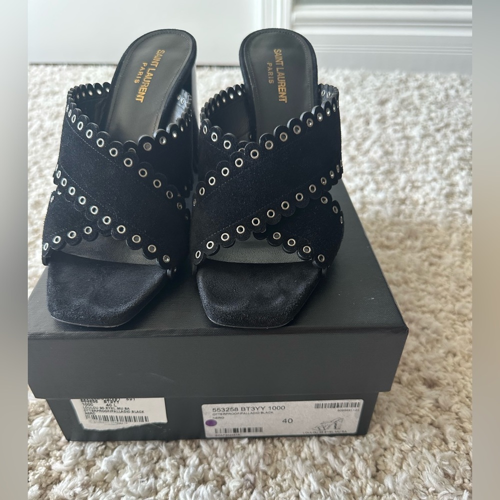 EUC Saint Laurent Loulou slip on heels- black with. Gold detailing- size 40